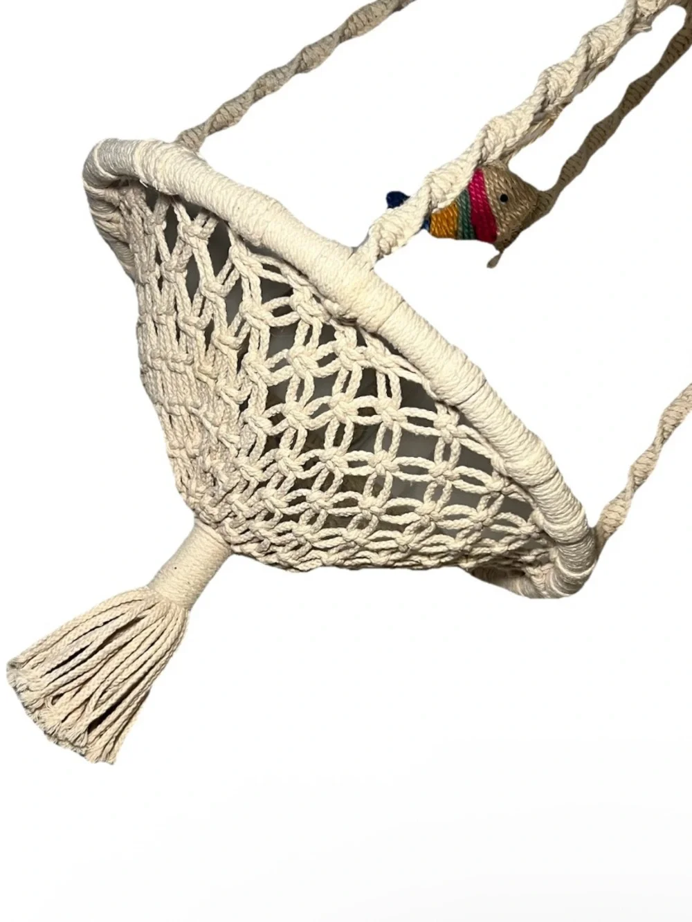 Boho Macrame Hanging Swinging Round Cat Bed With Fish Toy Attachment Gold Chain
